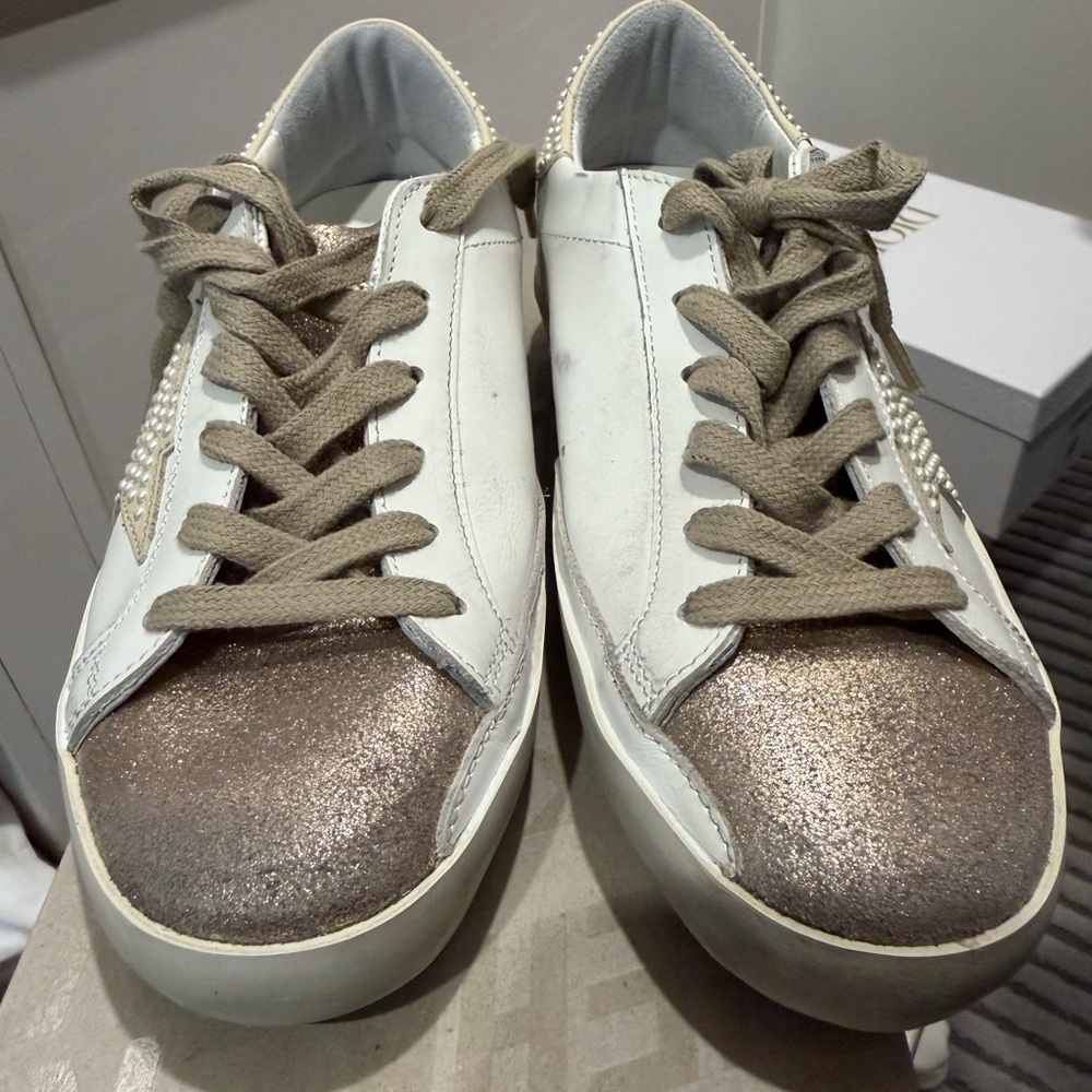 Golden Goose White and Gold Glitter Sneakers